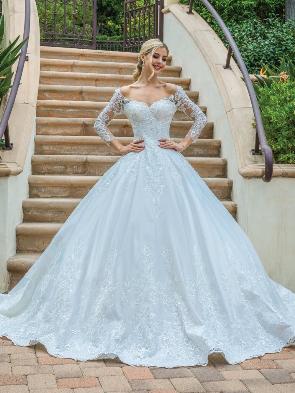 NEW OFF WHITE Lace Illusion Neckline Wedding Dress Floor Length 0172